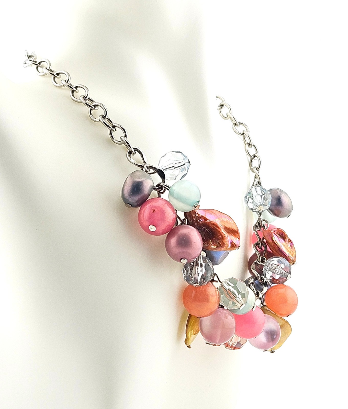 Multicolor Pastel Beaded Necklace Silver Tone Chain J17-3912