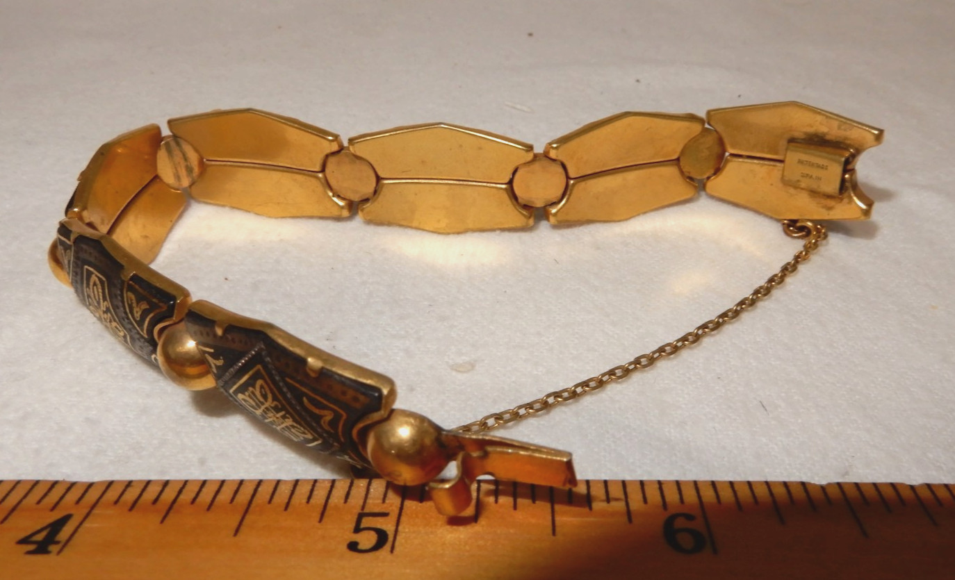 Vintage Gold Toned Bracelet with Spanish Damascene Design – Safety Chain 7″