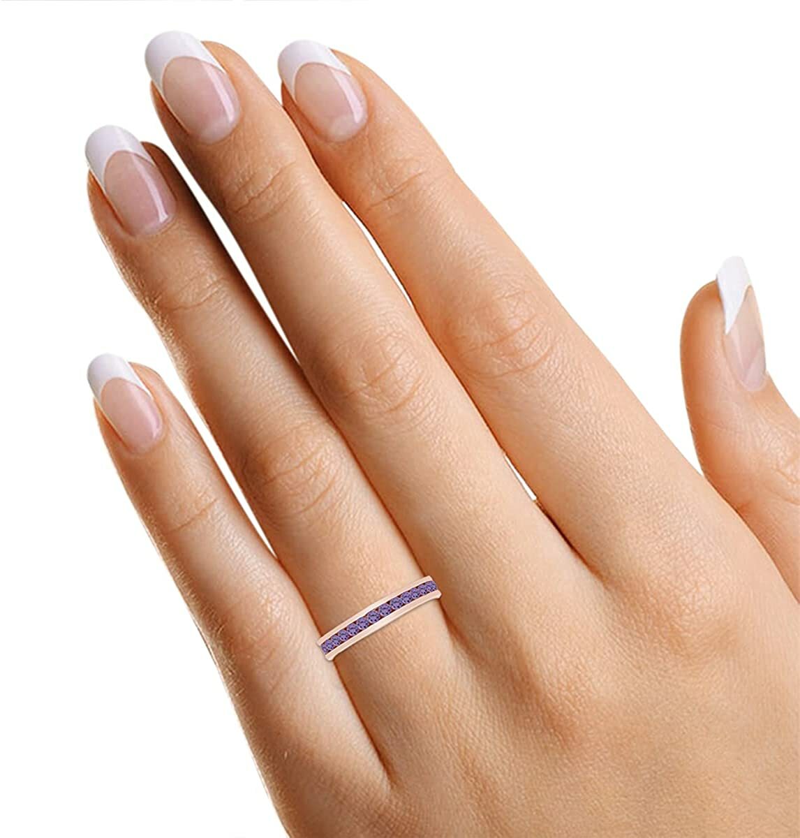 Round Cut Simulated Alexandrite Full Eternity Band Ring 14K Gold Plated Silver