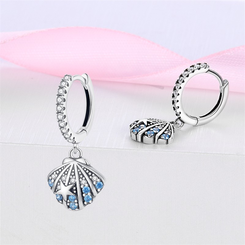 PANDACH 925 Sterling Silver CZ Accents Ocean Shell Drop Hoop Earrings For Women