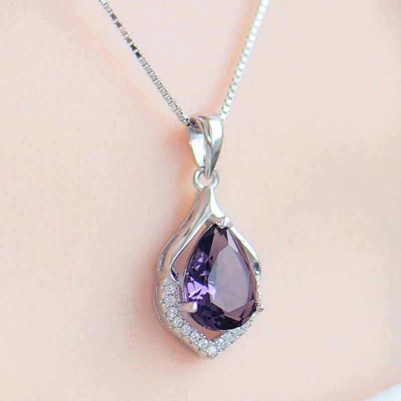 Women’s Amethyst Necklace Elegant Crystal Chain Pendant Jewellery Silver