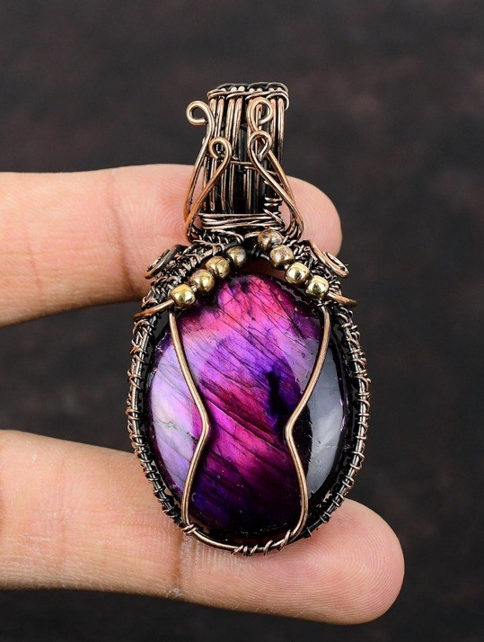 Pink & Purple Fire Labradorite Copper Wire Wrapped Pendant And Chain 25” Boho