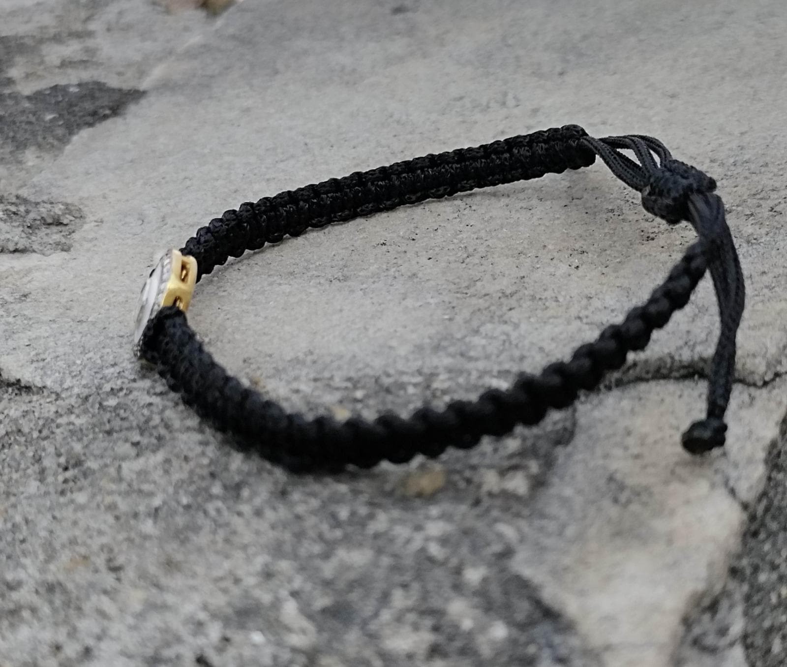 Natural Diamond White Enamel And Diamond Polki Adjustable Black Thread Bracelet.