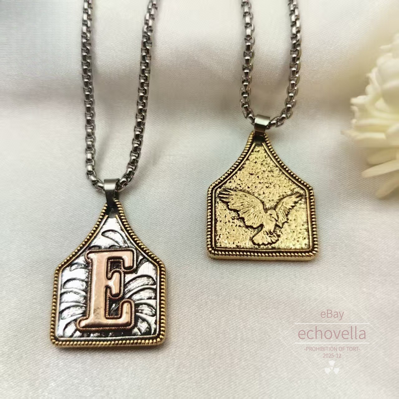 Antique Western Cross Cow Tag Necklace Golden Rope Edge Initial Letter Jewelry