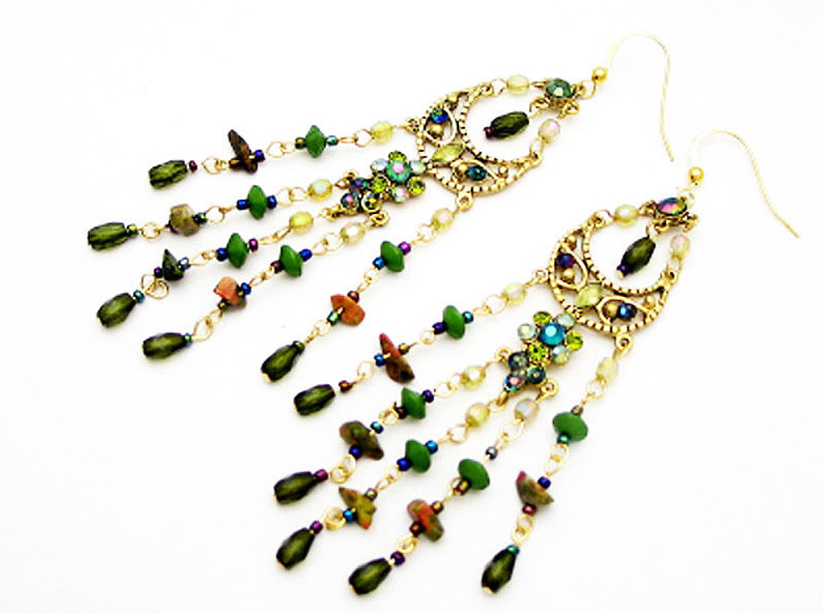 DESIGNER 4.5 in BLUE RED GREEN BROWN CRYSTAL SHELL CHANDELIER GOLD EARRINGS