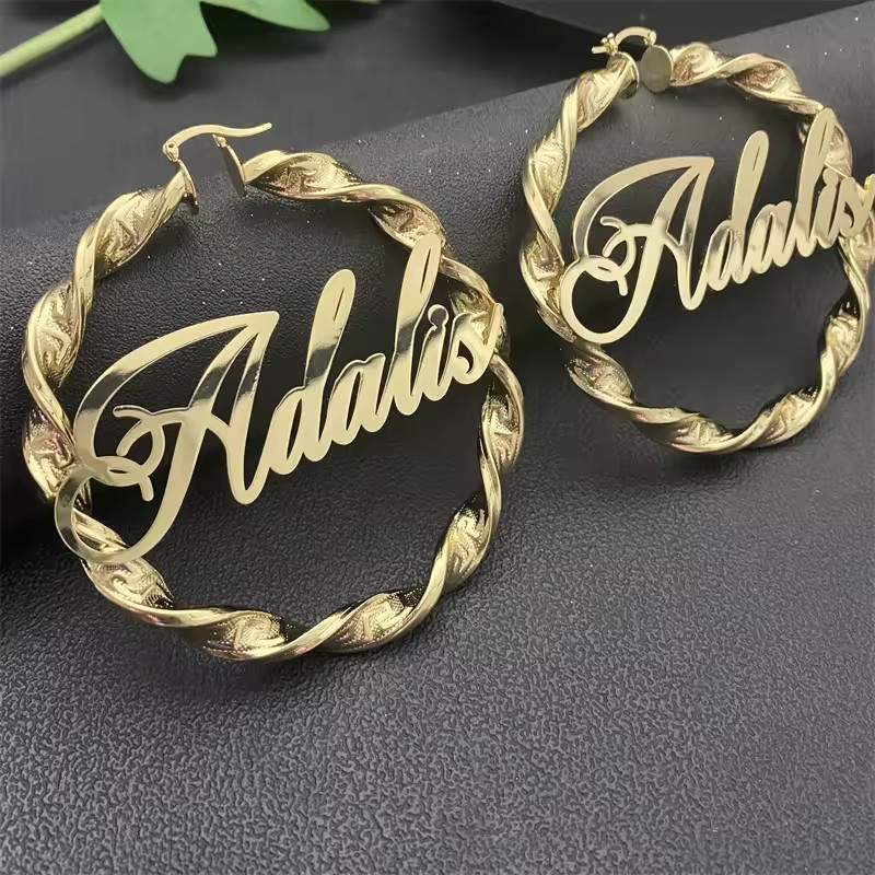 Custom Name Twist Hoop Shape Earrings Personalized Jewelry Stainless Steel Women