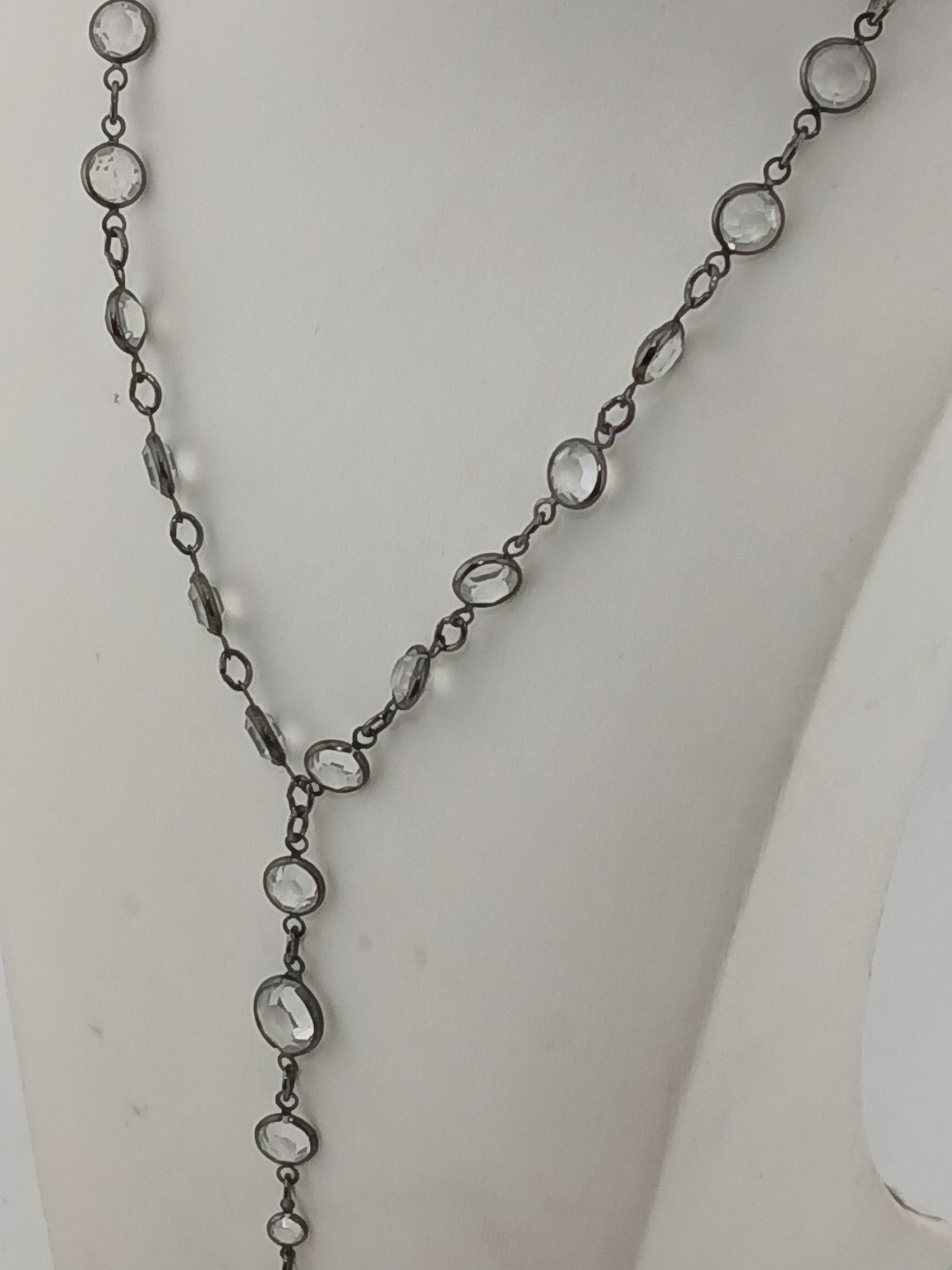 LUCY ISAACS NYC 1990 gunmetal open bezel Swarovski crystals Y Design Necklace