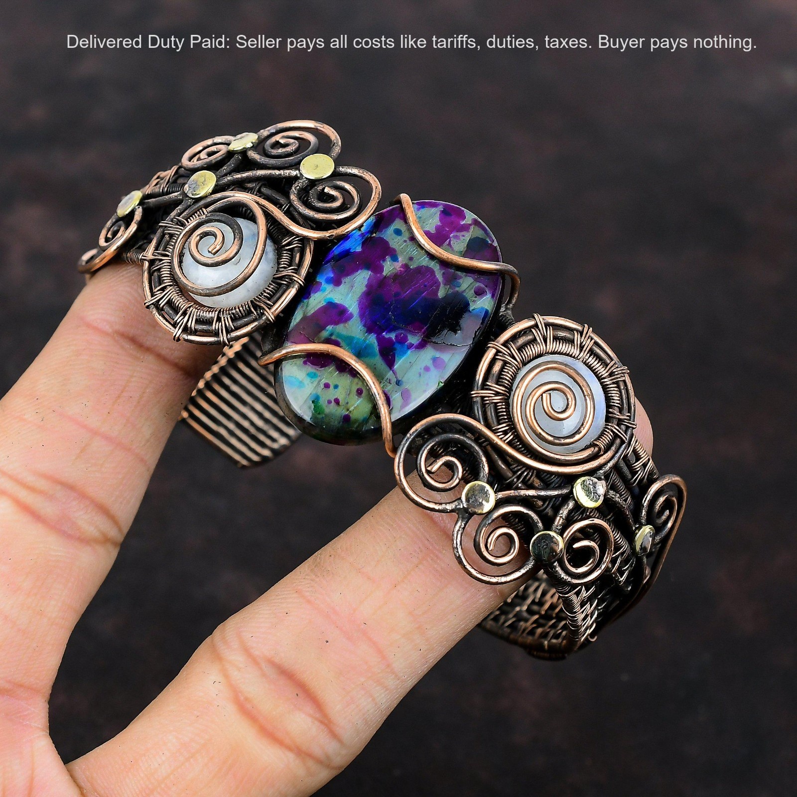 Oval Multi Fire Labradorite Gemstone Rainbow Moonstone Copper Wife Cuff Jewelry