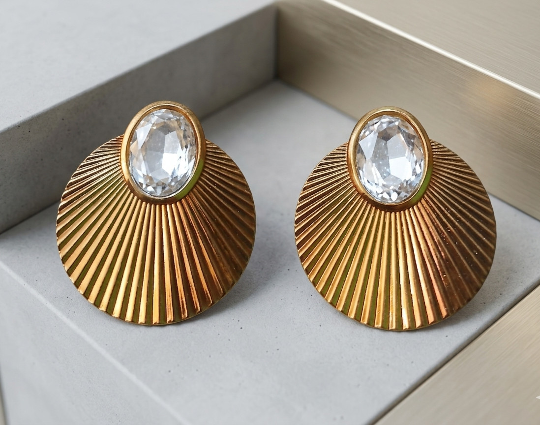 Vintage Gold Ribbed Fan Earrings with Clear Crystal