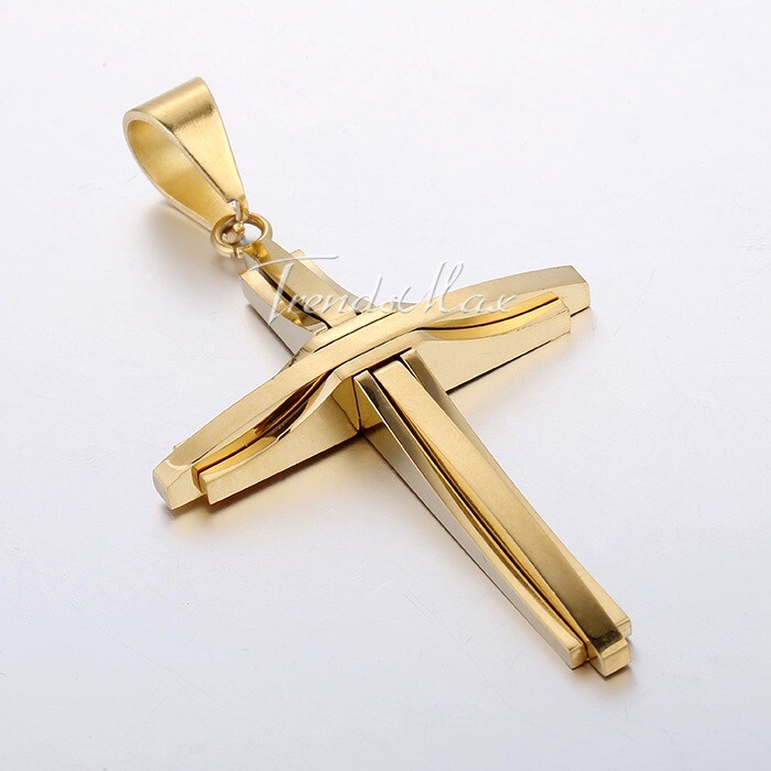 Mens Gold Plated Stainless Steel Cross Pendant Necklace 18-30″ Cuban Curb Chain