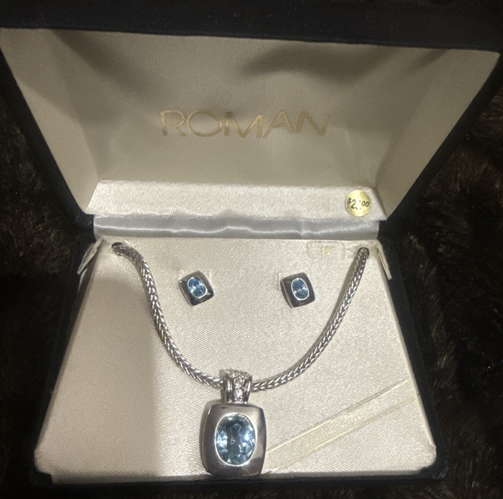 Vintage Roman Silver Tone Necklace And Pierced Earring Set Genuine Crystal NIB