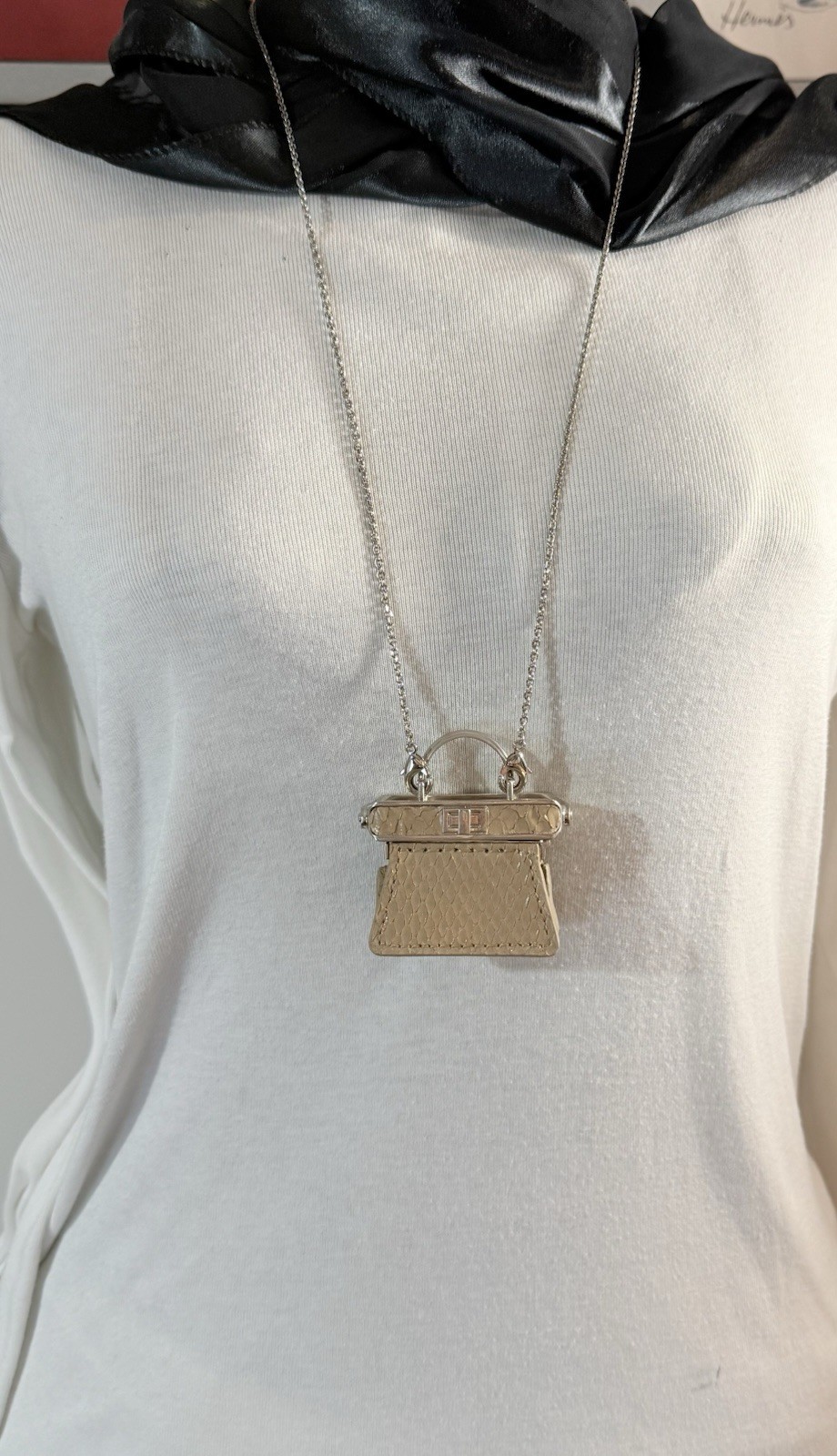 Fendi Peekaboo Mini Bag Pendant Necklace Python Embossed Leather Italy w/ COA