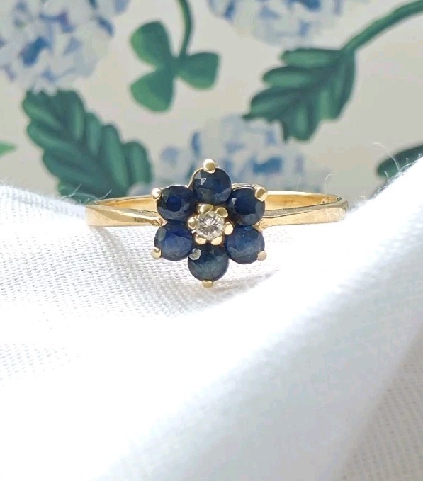 14k Solid Sapphire & Diamond Flower Cluster Ring Sz 6.5 Vtg Ring Everyday Wear