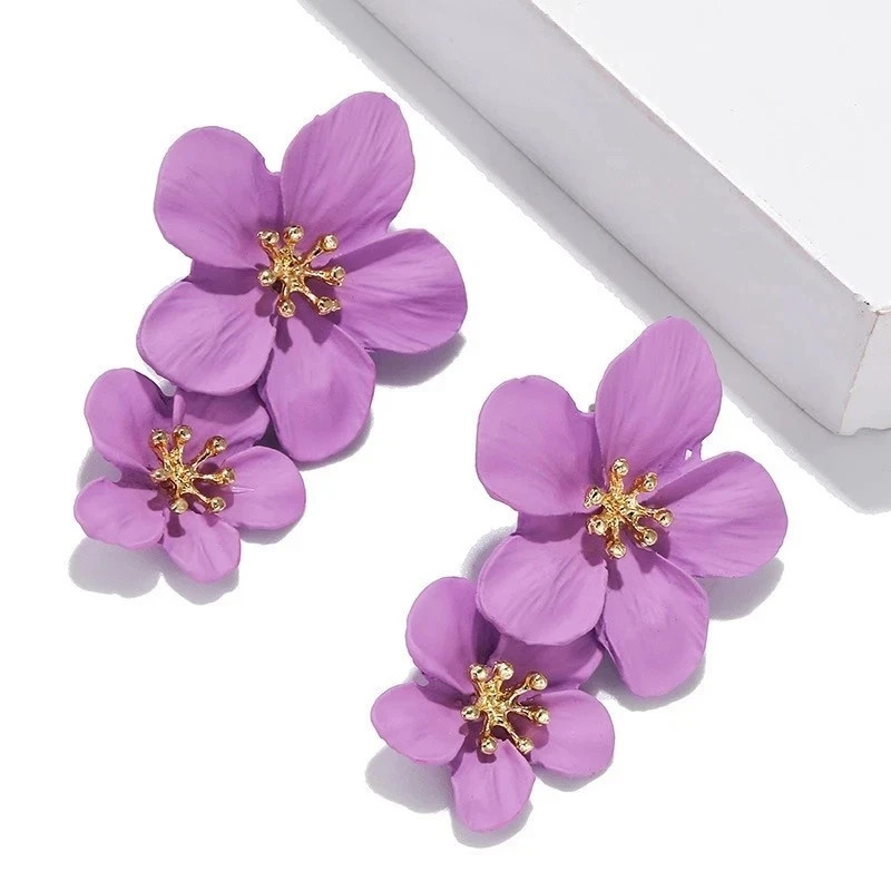 White Women Boho Flower Earrings Fashion Statement, Drop Dangle Stud Earrings