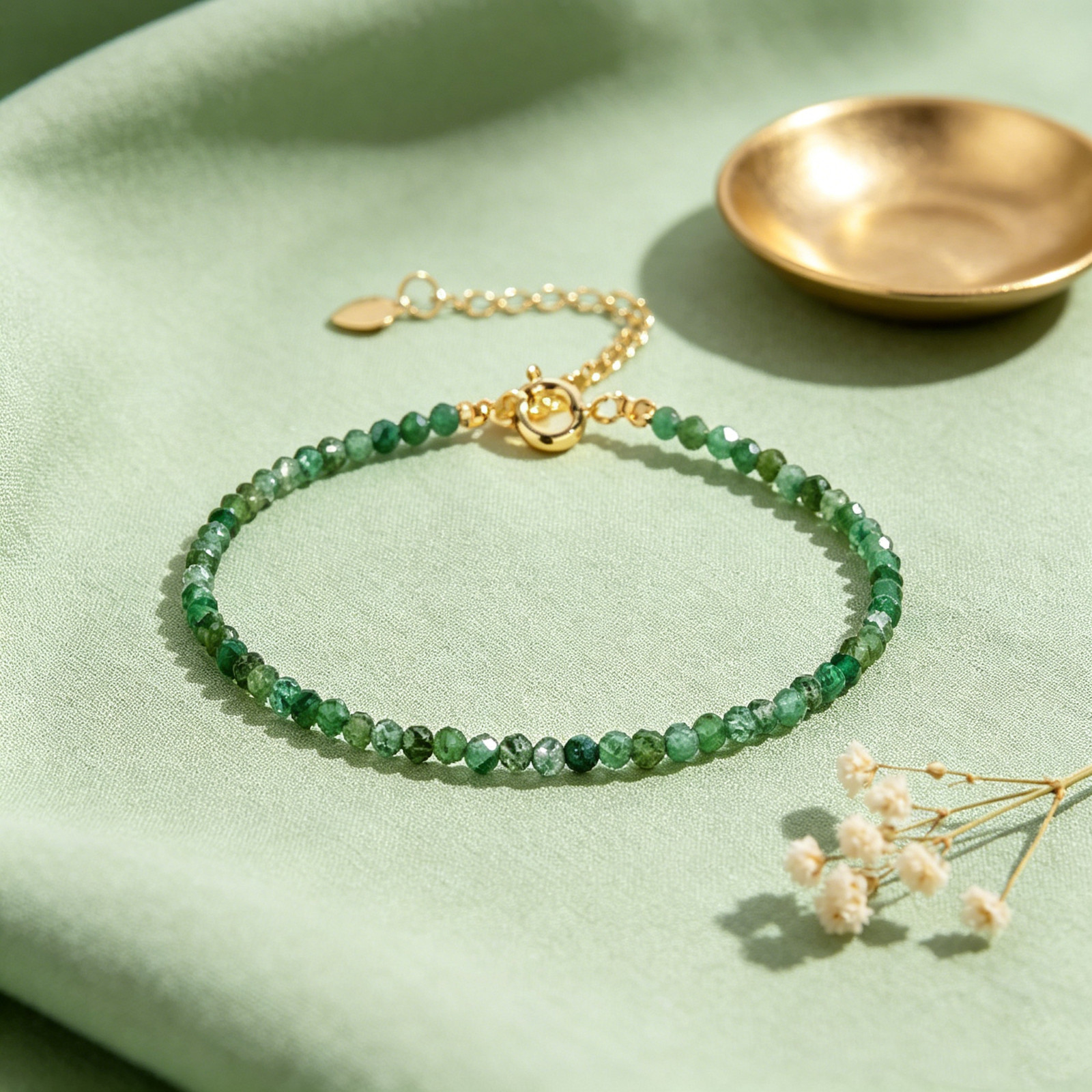 Natural Emerald Beaded Dainty Gold Filled Bracelet Minimalist Stackable Jewelry