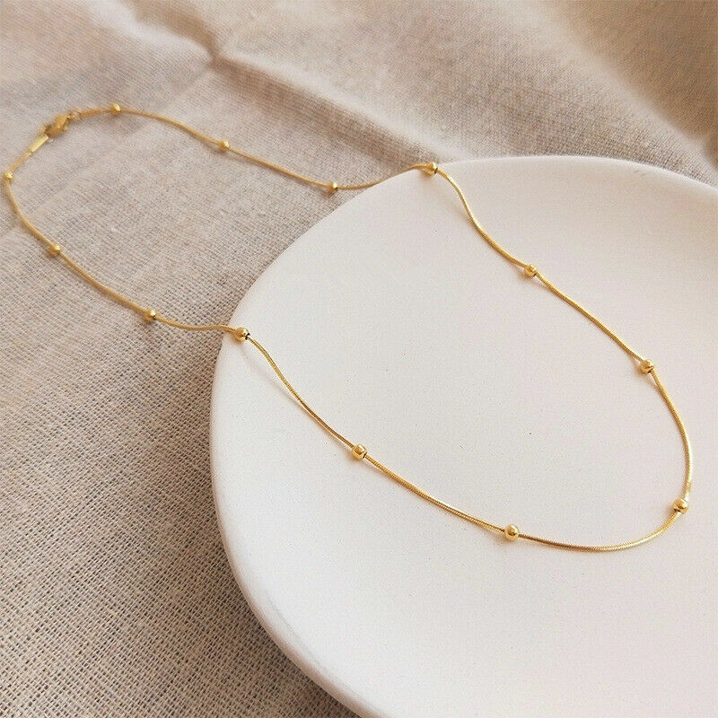18K Gold Stainless Steel Station Bead Ball Snake Chain Choker Necklace 18″ PE44