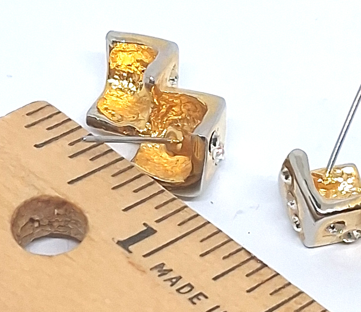 Vintage Gold Tone and Rhinestone Double Dice Post Pierced Earrings