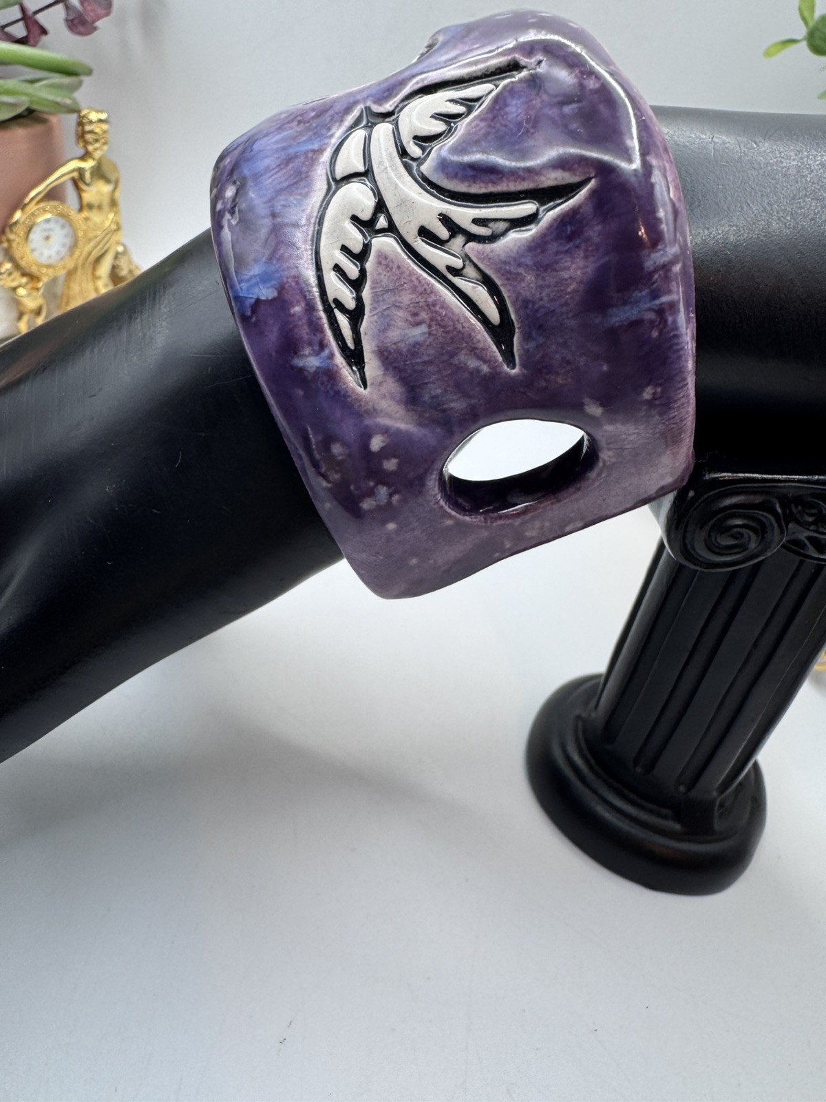 Rare signed SR ceramic bracelet, purple enamel, with heart and dove design