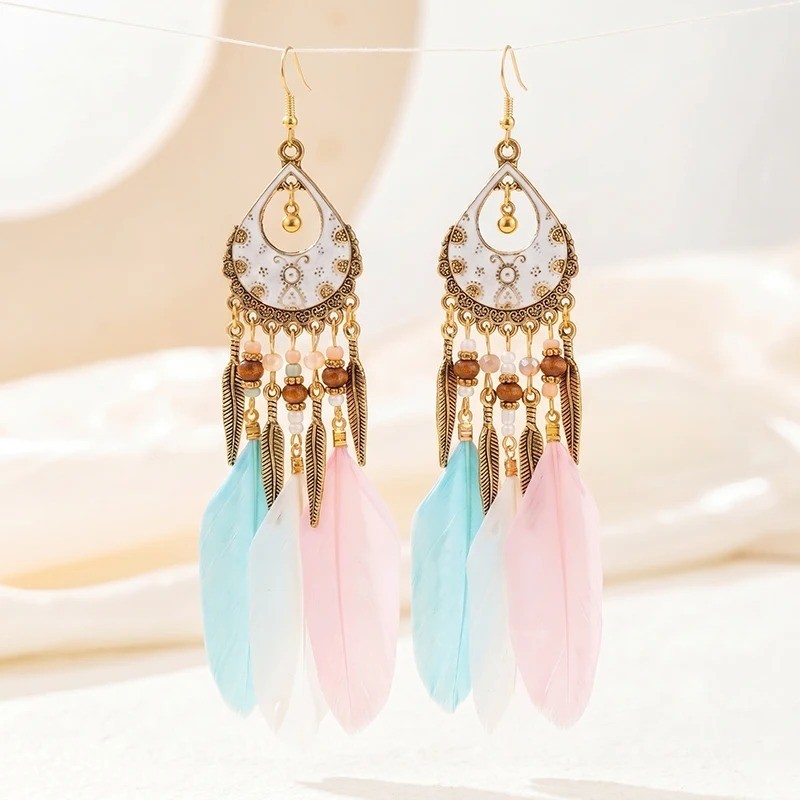 Handmade Bohemian Charm Colorful Feather Retro Design Beaded Long Earrings Women