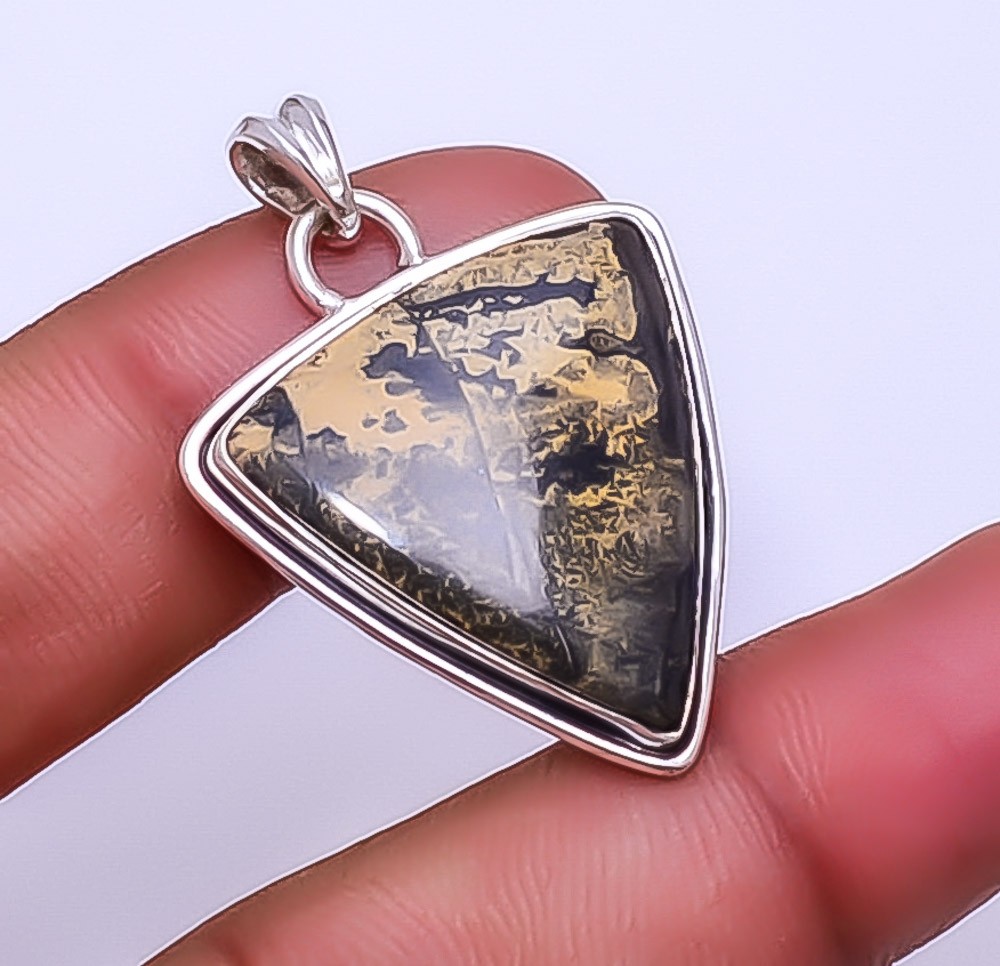 Honey Dendritic Opal – Mexico Gemstone 925 Sterling Silver Pendant 1.64″ P22