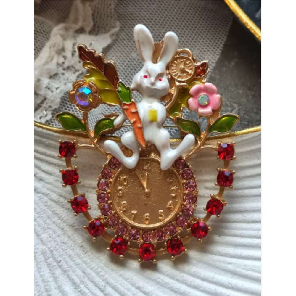 Easter Spring Bunny Brooch Rhinestone Clock Rabbit Animal Pins Gift Jewelry USA