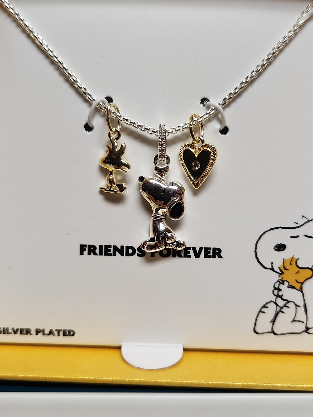 Peanuts Snoopy Woodstock W/ Heart 18in Necklace Fine Silver Pl. W/ Gold
