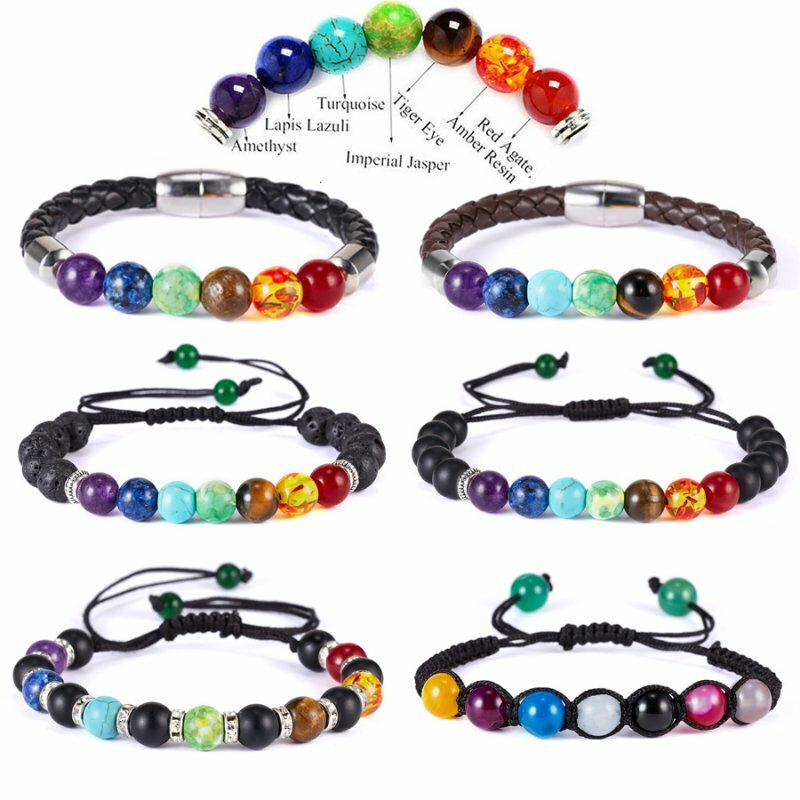 7 Chakra Healing Beaded Bracelets Lava Rock Bangle Natural Stone Agate Jewelry