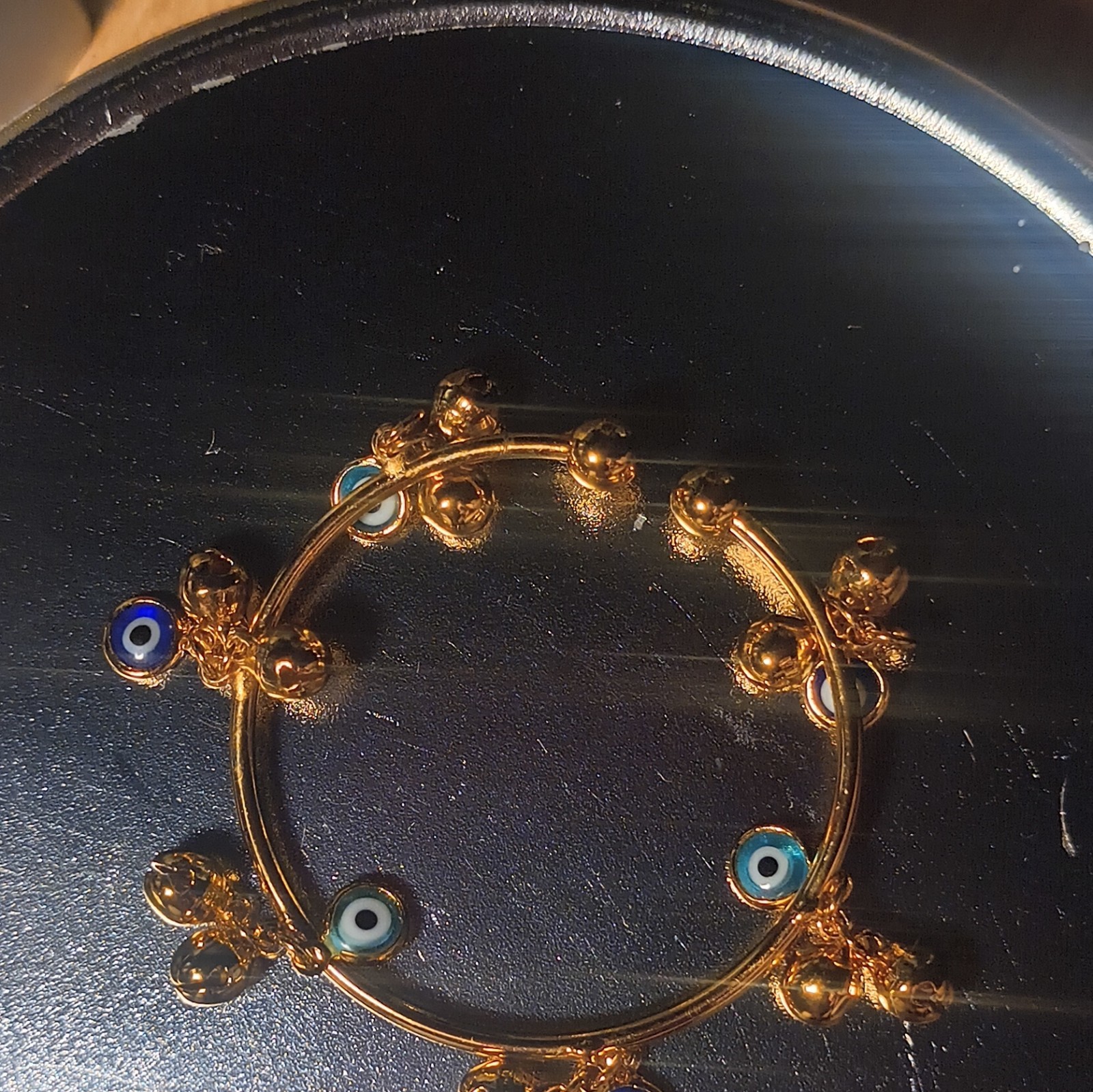 Gold Tone Bangle Charm Bracelet Blue Evil Eye Dangle Glass With Bells For Baby