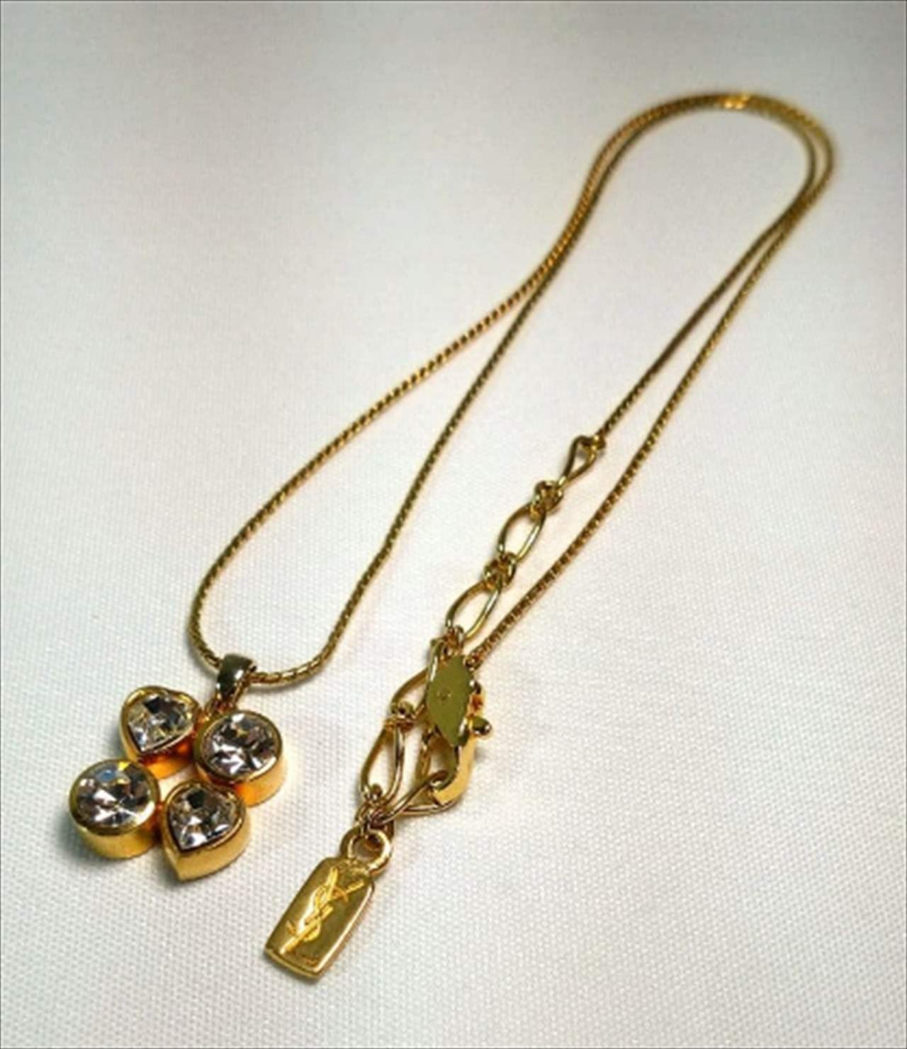 Yves Saint Laurent Necklace Crystal Rhinestone Gold Logo Plate Length: 17.3 in.
