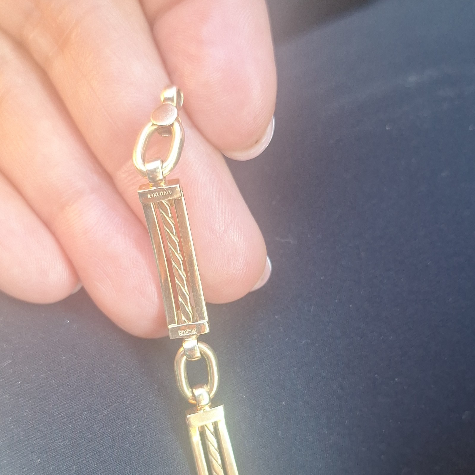 14K Italy Yellow Gold Bar Link Chain Bracelet, Lobster Clasp, Signed