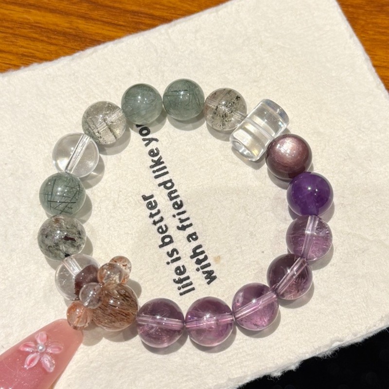 10mm Natural Amethyst Green Phantom Quartz Rutilated Quartz Handmade Bracelet