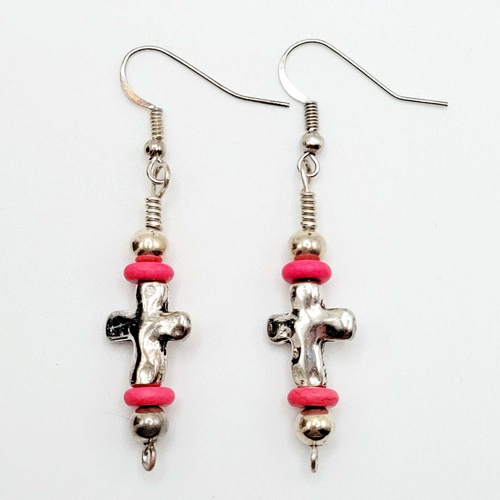 Southwestern Silver Tone Cross w Pink Ceramic Bead Metal Hook Pierced Earrings