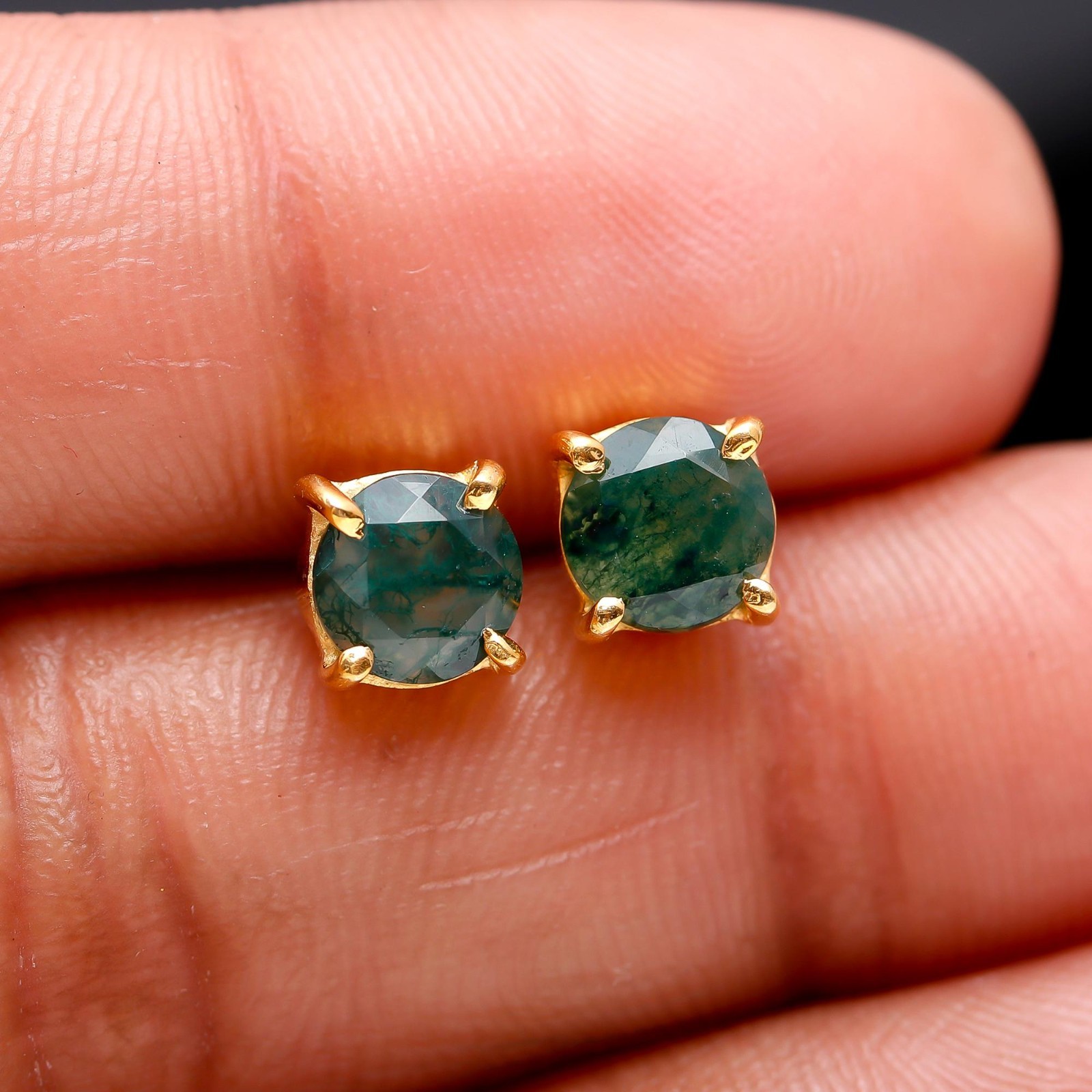 Natural Moss Agate Round Stud Earrings Gold Plated 925 Sterling Silver Jewelry