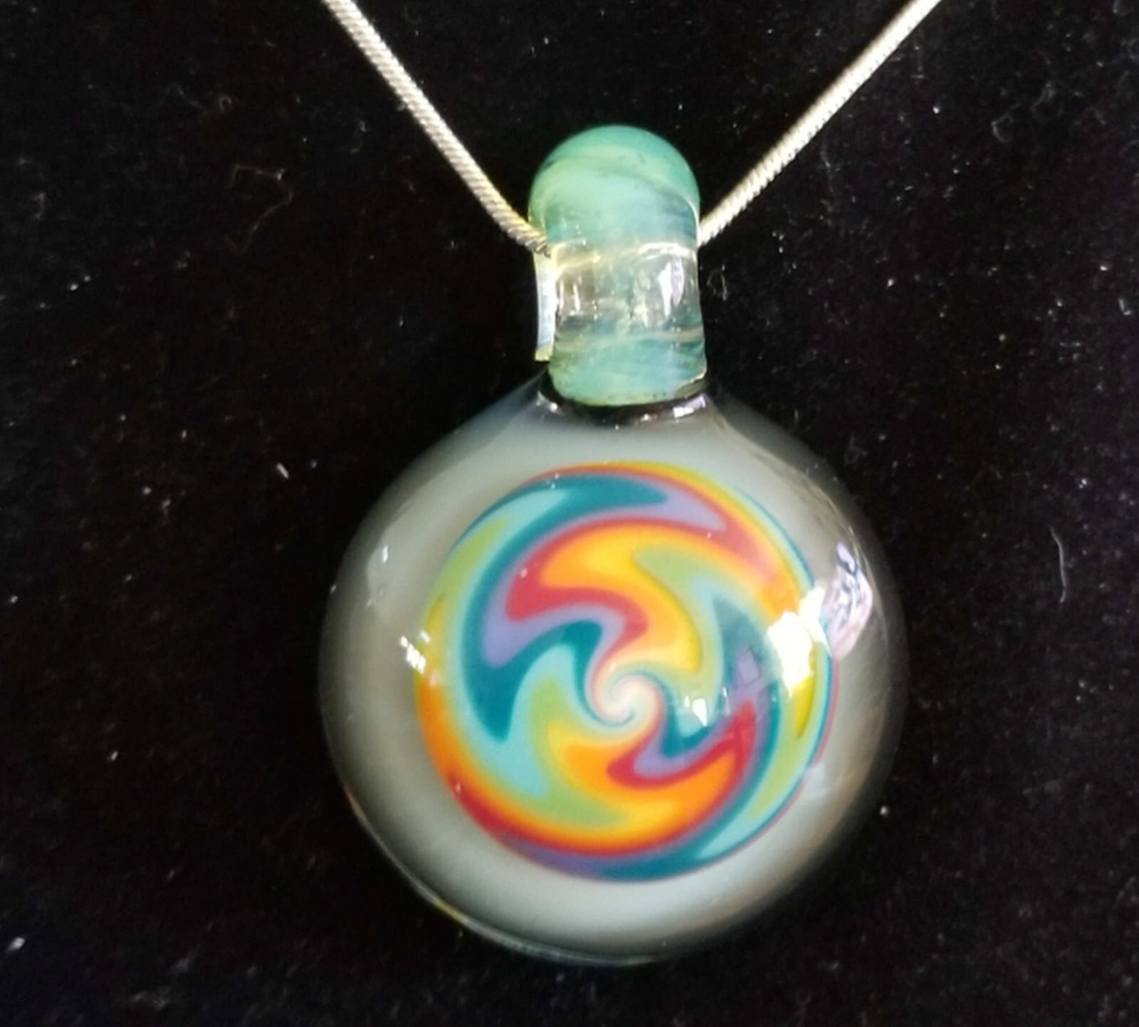 Handmade CFL Reactive Green To Purple Pastel Rainbow Glass Pendant -silver chain