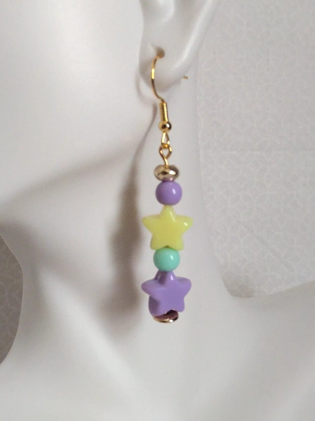Handmade Purple and Yellow Star Bead Drop Stick Earrings Gold Tone Celestial