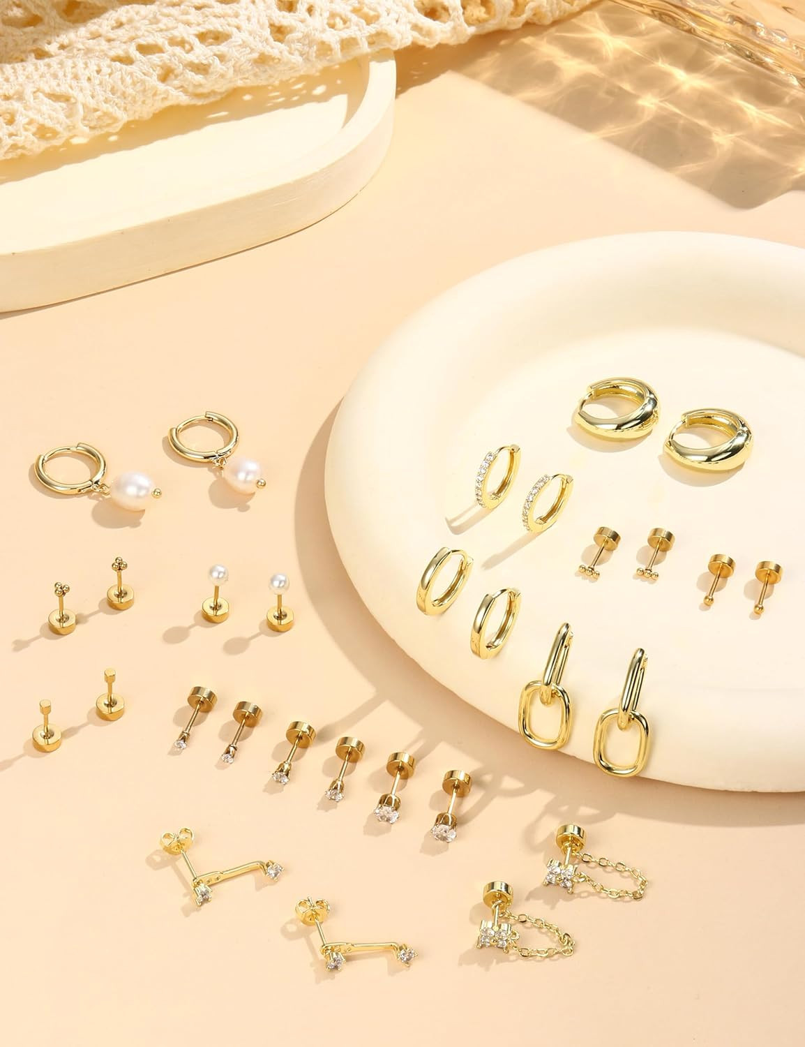 Flat Back Hypoallergenic Surgical Steel Earrings – 20G Gold Plated Stud Set