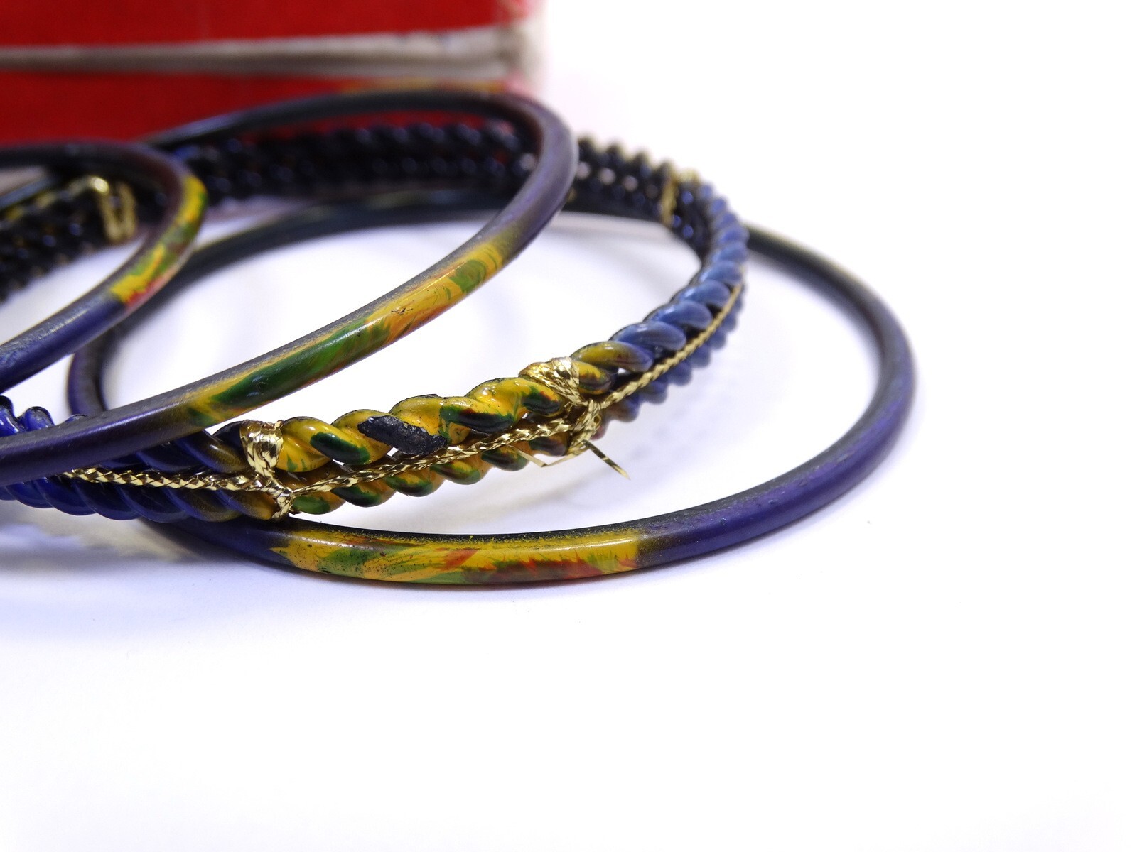 Vintage Old Indian Ceramic/Blue Enamel SATYAM Jewellers India 6pc Bangle Set