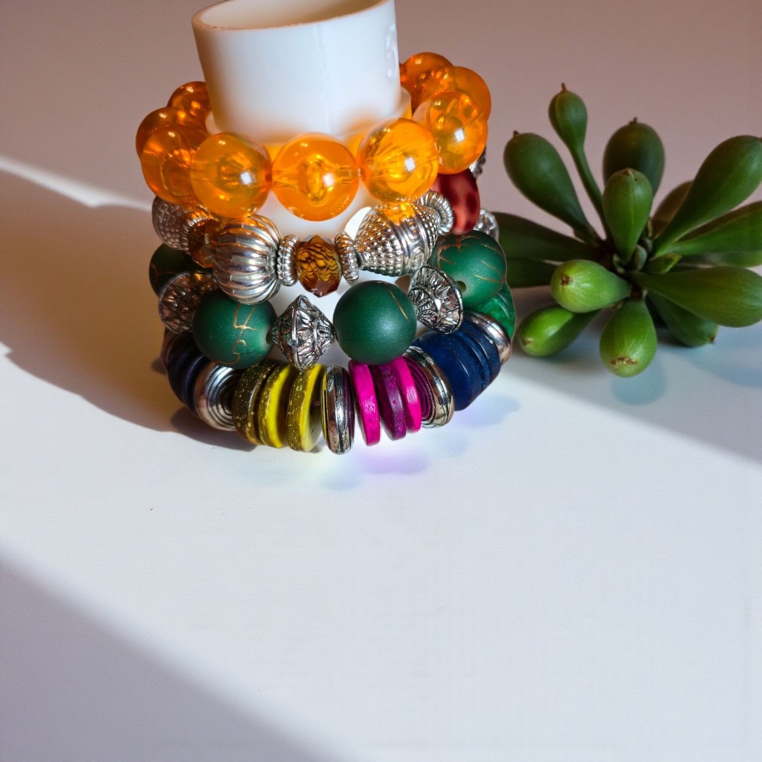 Colorful Beaded Stretch Bracelets 4 With Silver Accents & Mixed Materials (BX)