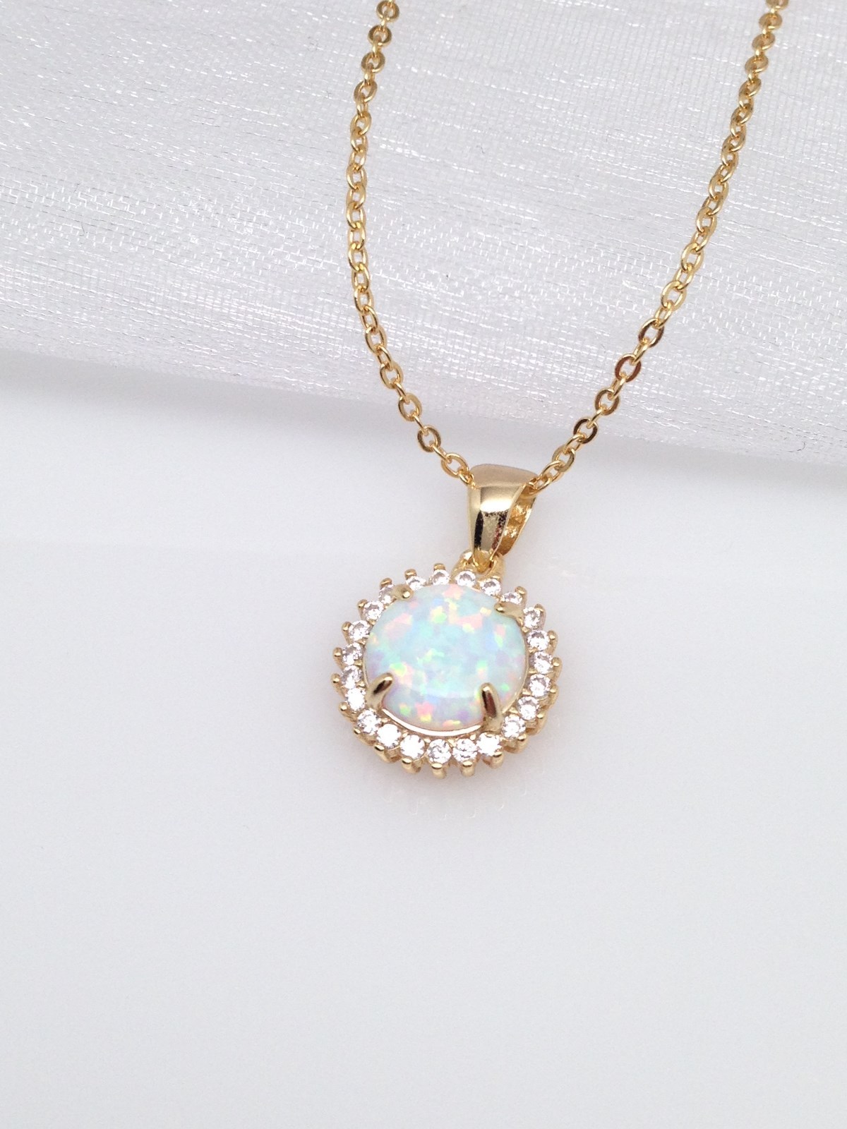925 Sterling Silver White Opal Halo Pendant Necklace Cz 10mm 16-18″ Simulated