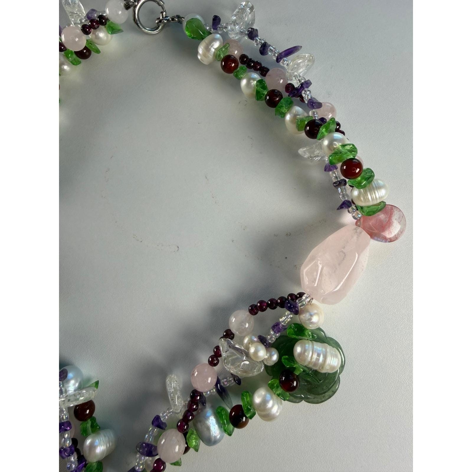 Green Aventurine Carved Rose Gemstone Pearl Multi-Strand Statement Necklace Boho