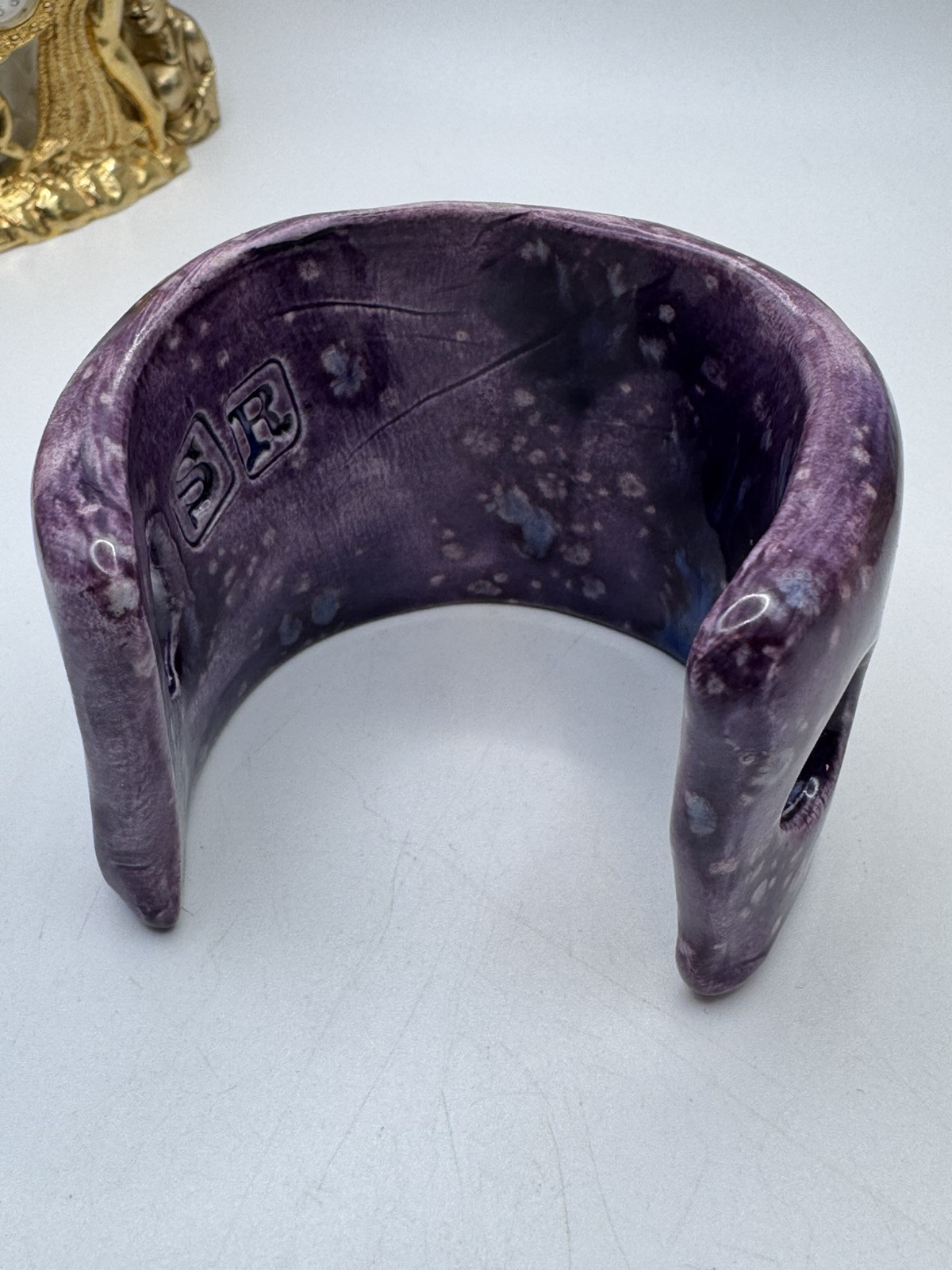 Rare signed SR ceramic bracelet, purple enamel, with heart and dove design