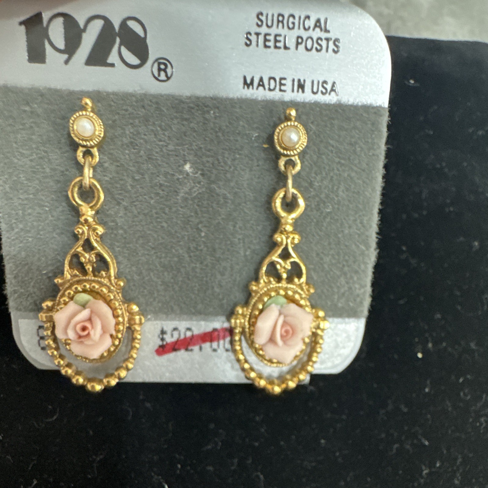 1928 Gold Tone Pink Rose Dangle Drop Earrings Surgical Steel Posts Nickel-Free