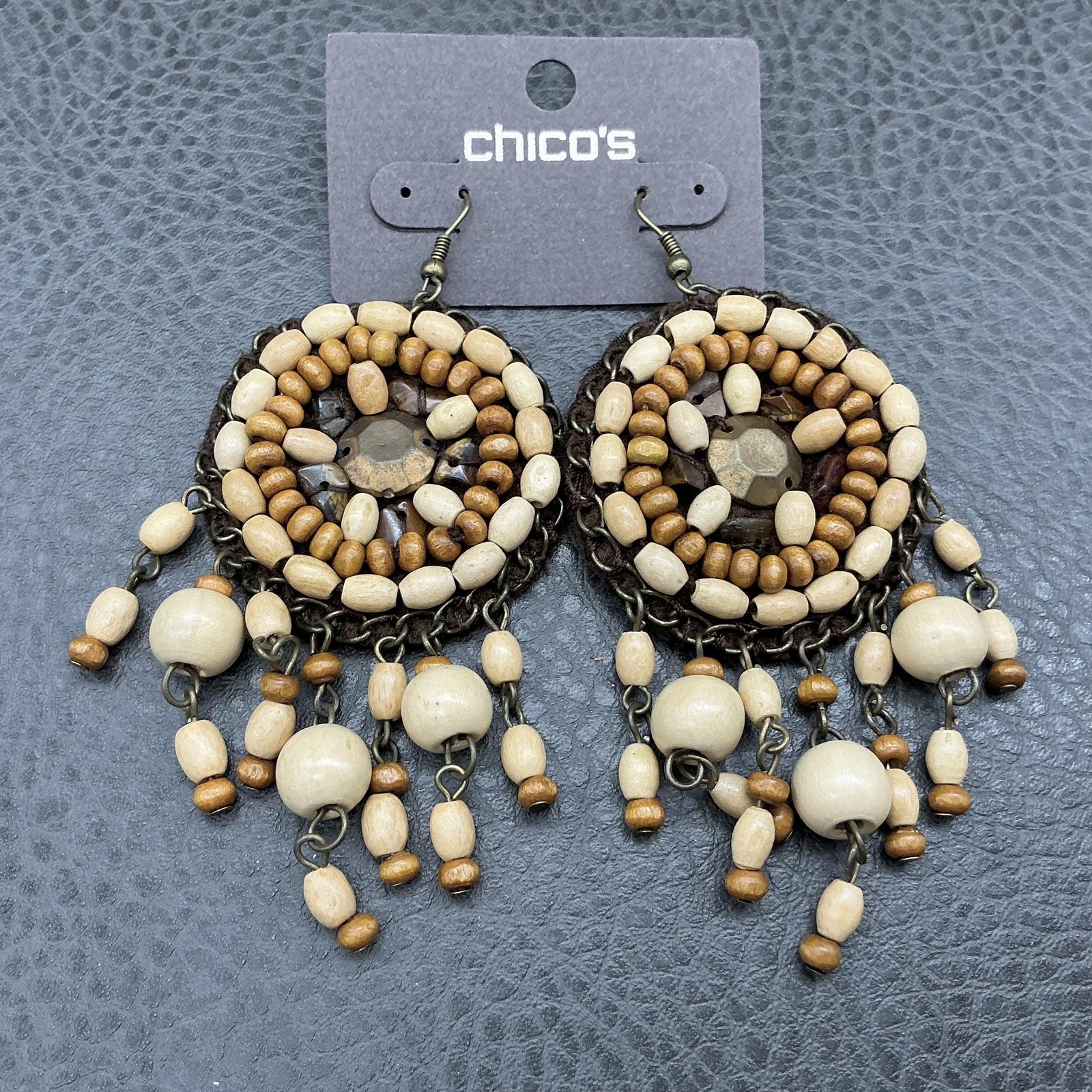 Chicos Earrings Brown Beaded Wood Chandelier Womens French Wire Boho Jewelry
