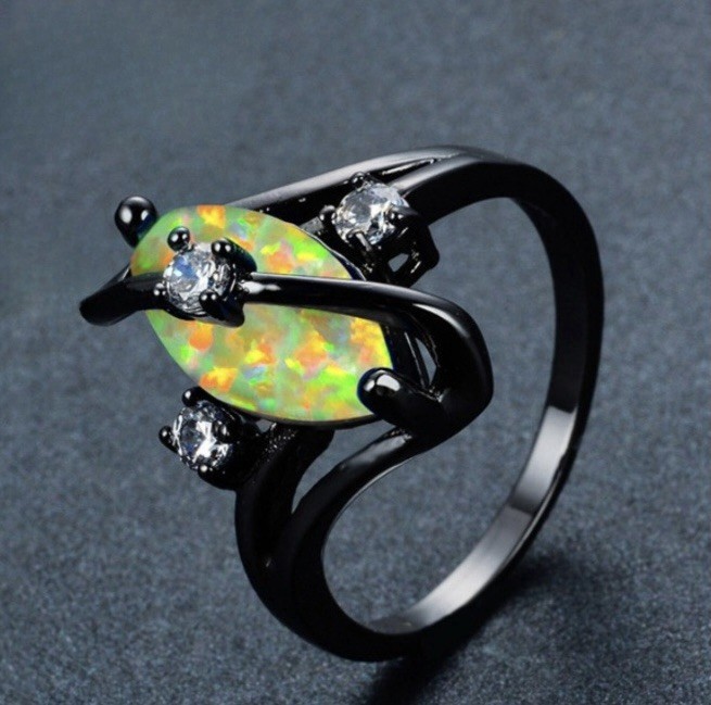 Gorgeous Unique Black Gold Filled Yellow Fire Opal CZ Marquise Ring Size 6