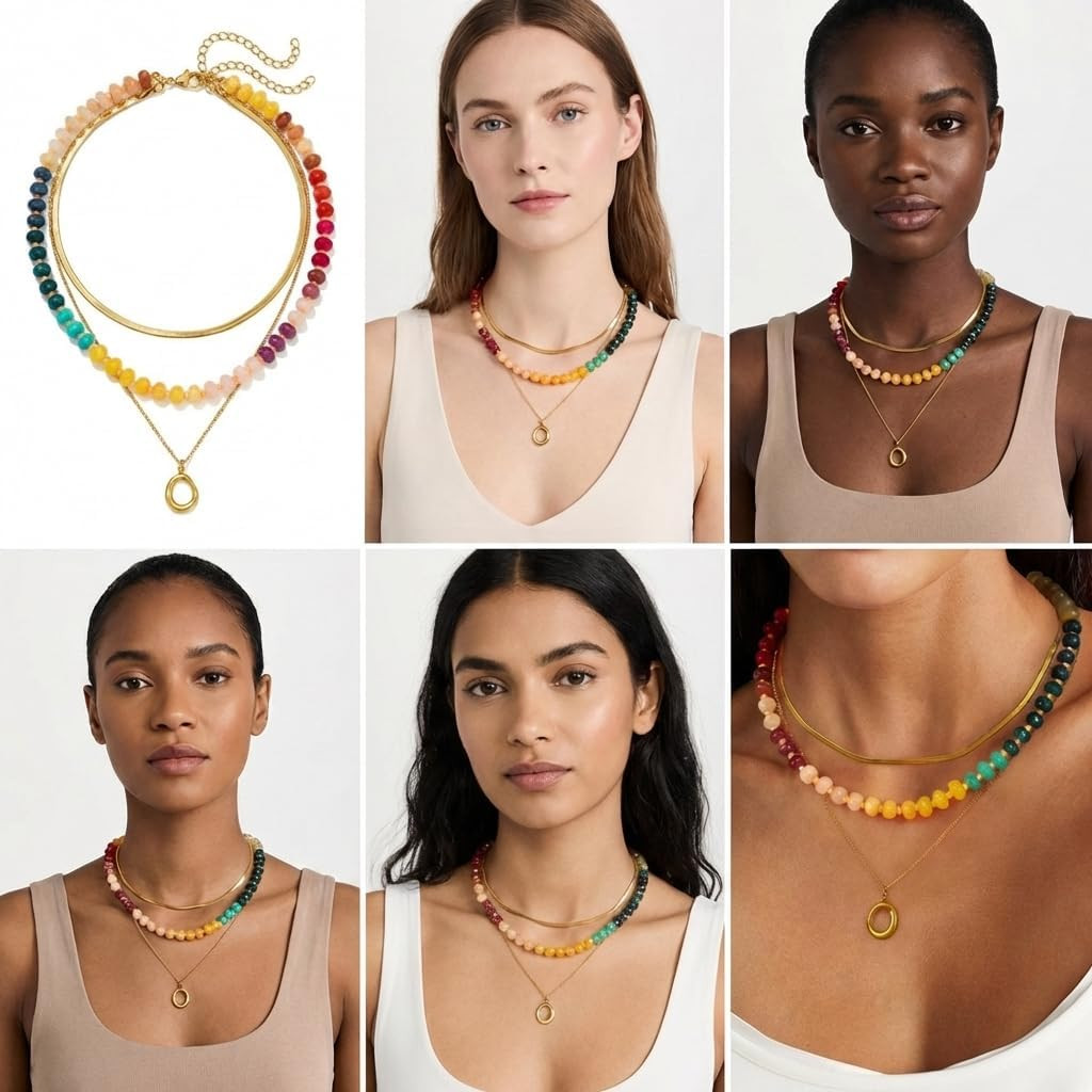 Layered Beaded Necklace for Women Colorful Trendy Snake Chain Circle Pendant Cho