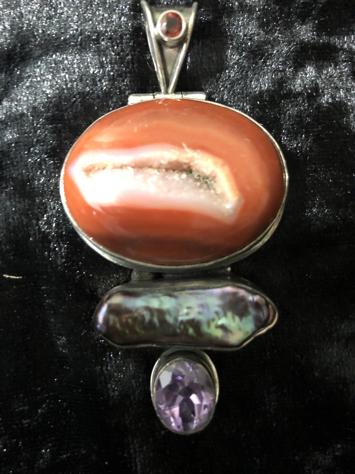 AGATE DRUZY HALF GEODE PENDANT IN 925 STERLING SILVER SETTING with other stones