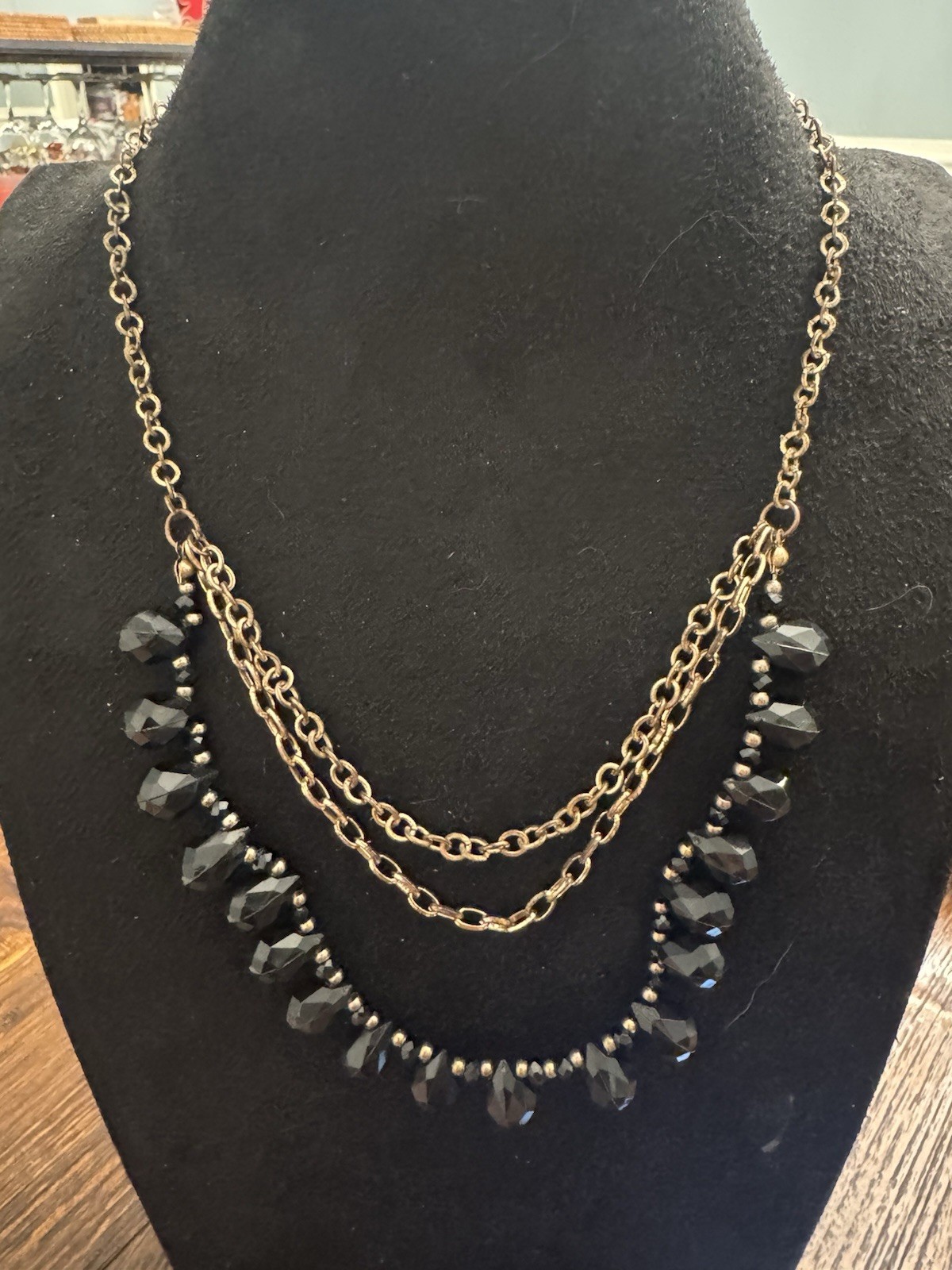 Layered Black Faceted Bead Necklace Antique Gold Tone Statement Bib Necklace