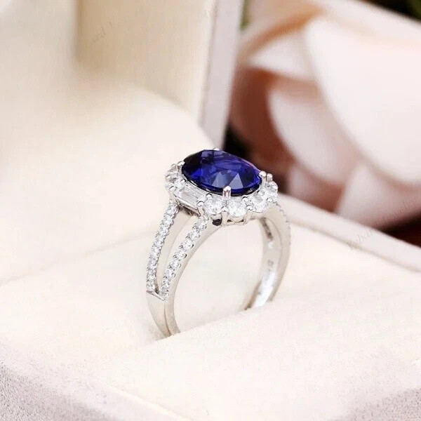 3.60 Ct Natural Blue Sapphire Diamond Wedding Ring 14K Solid White Gold Size 5.5