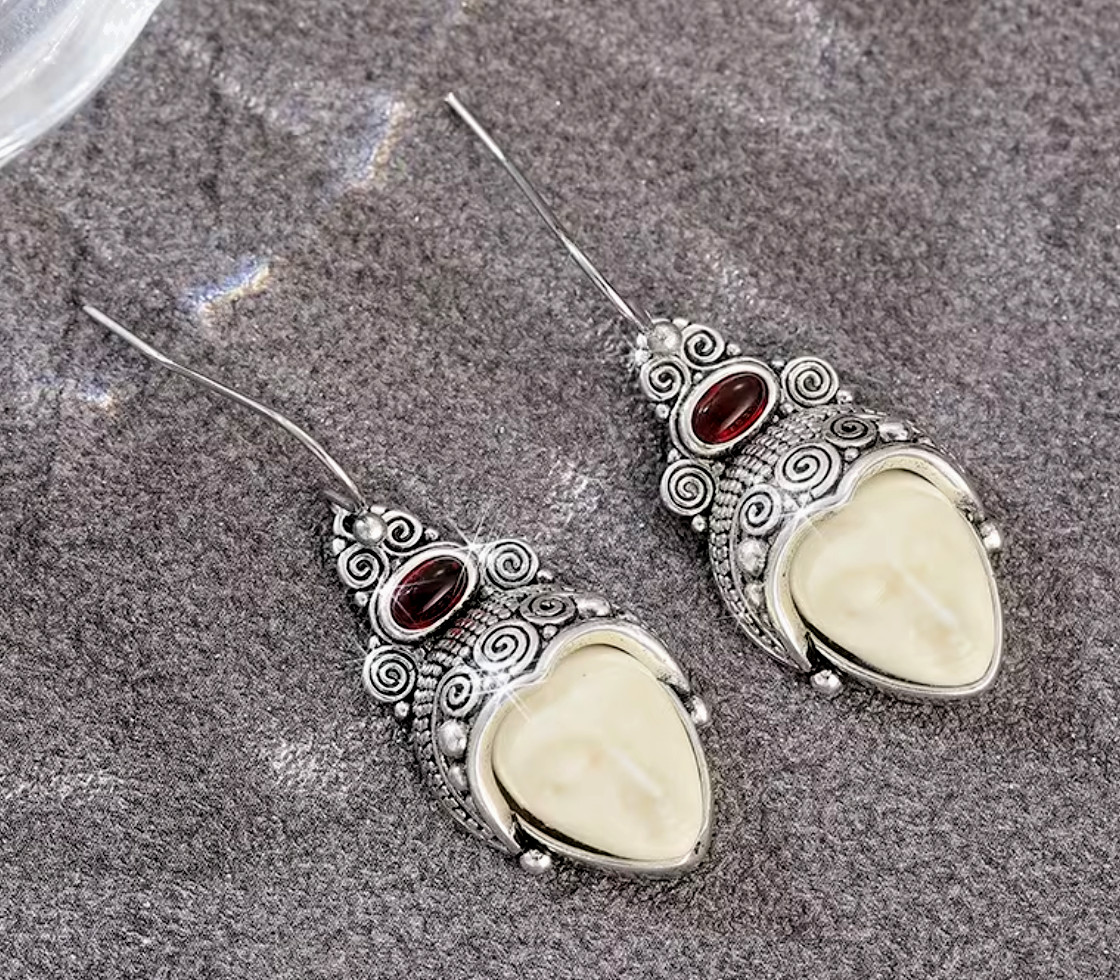 Cream Goddess Face White Gold Pltd Filigree, Red Crystal, Sterling Silver Hooks