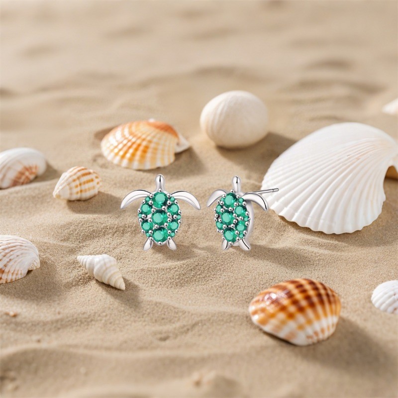 PANDACH 925 Sterling Silver Green Sea Turtle Stud Earrings For Women Post Studs